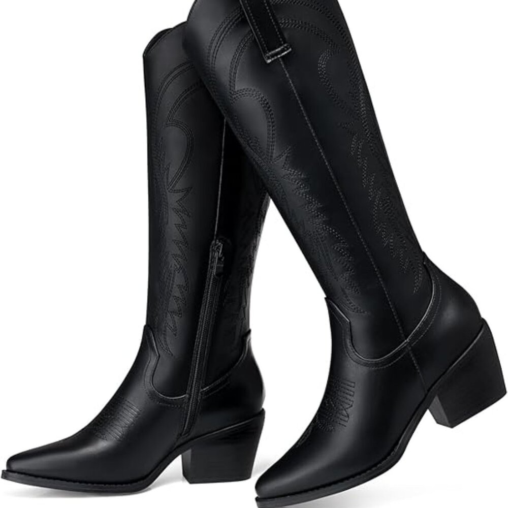 Black Cowboy Boots for Women Knee High Pointed Toe Chunky Heel Wide Calf Booties